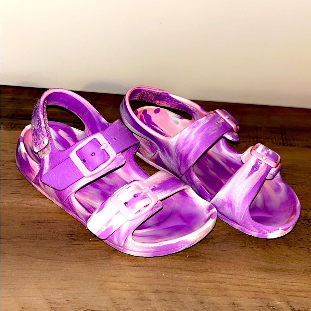 Little girls size 10 rubber sandals pink, purple, white, with Velcro backing